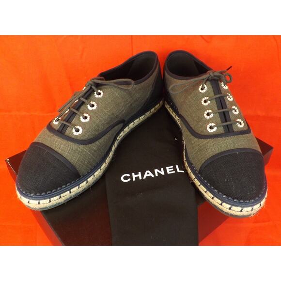 NIB CHANEL G31345 GREEN BLACK CANVAS PEARLS CC ESPADRILLE OXFORDS FLAT 39.5 9 - Picture 7 of 12